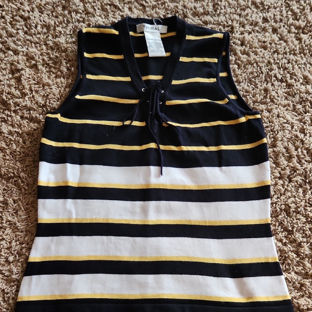 Tribal Black, White & Gold Stripe Sleeveless Sweater Front Tank Top Womans Small